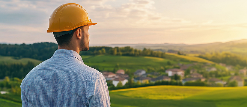 Areas for construction or land for sale, engineer doing quality control checking at vacant land. Architect or blueprint with rolling hills in the background, land evaluation planning.